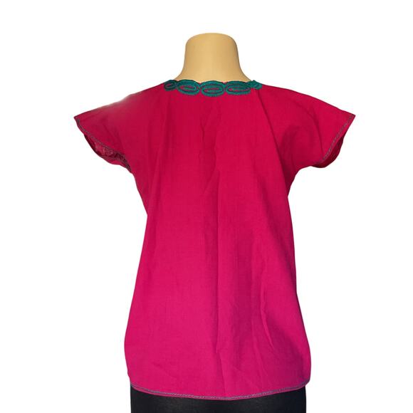 Blouse Pink Artisanal Floral Top Embroidered Mexican from Chiapas Folk Art - Picture 2 of 7